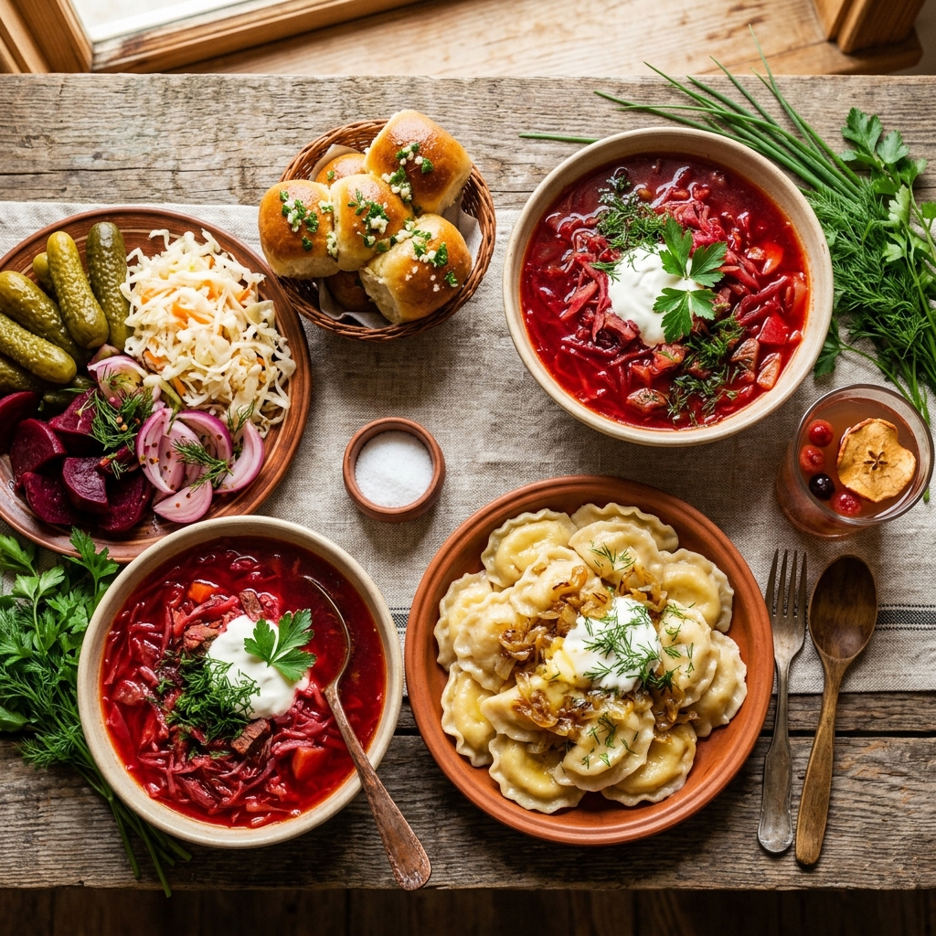 Traditional Ukrainian spread with borscht, varenyky dumplings, and pampushky