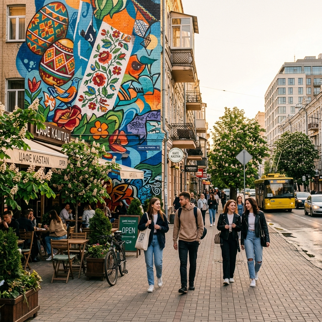 Vibrant street scene in modern Kyiv with colorful folk art mural and outdoor cafes