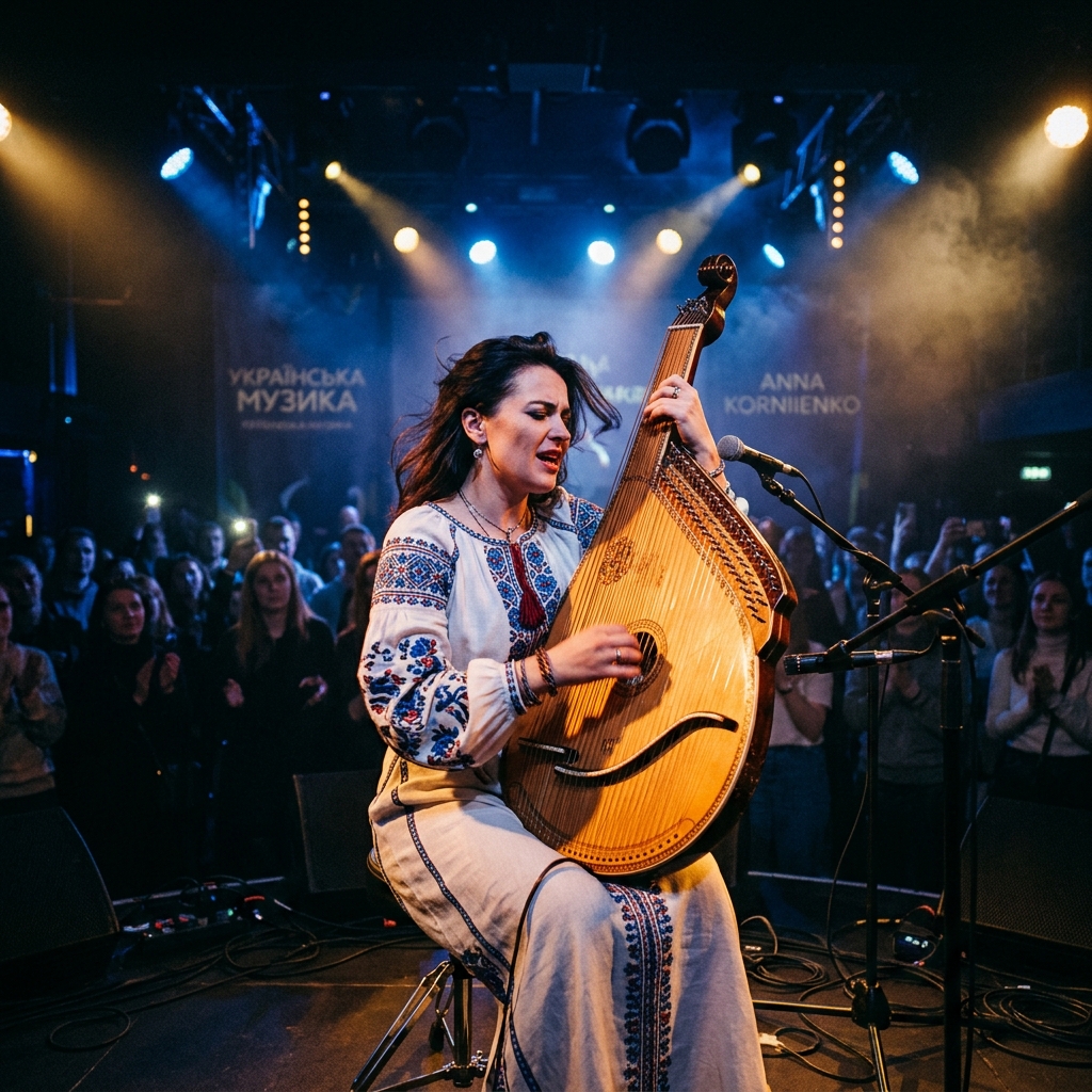 Ukrainian bandura player performing on stage in a traditional vyshyvanka