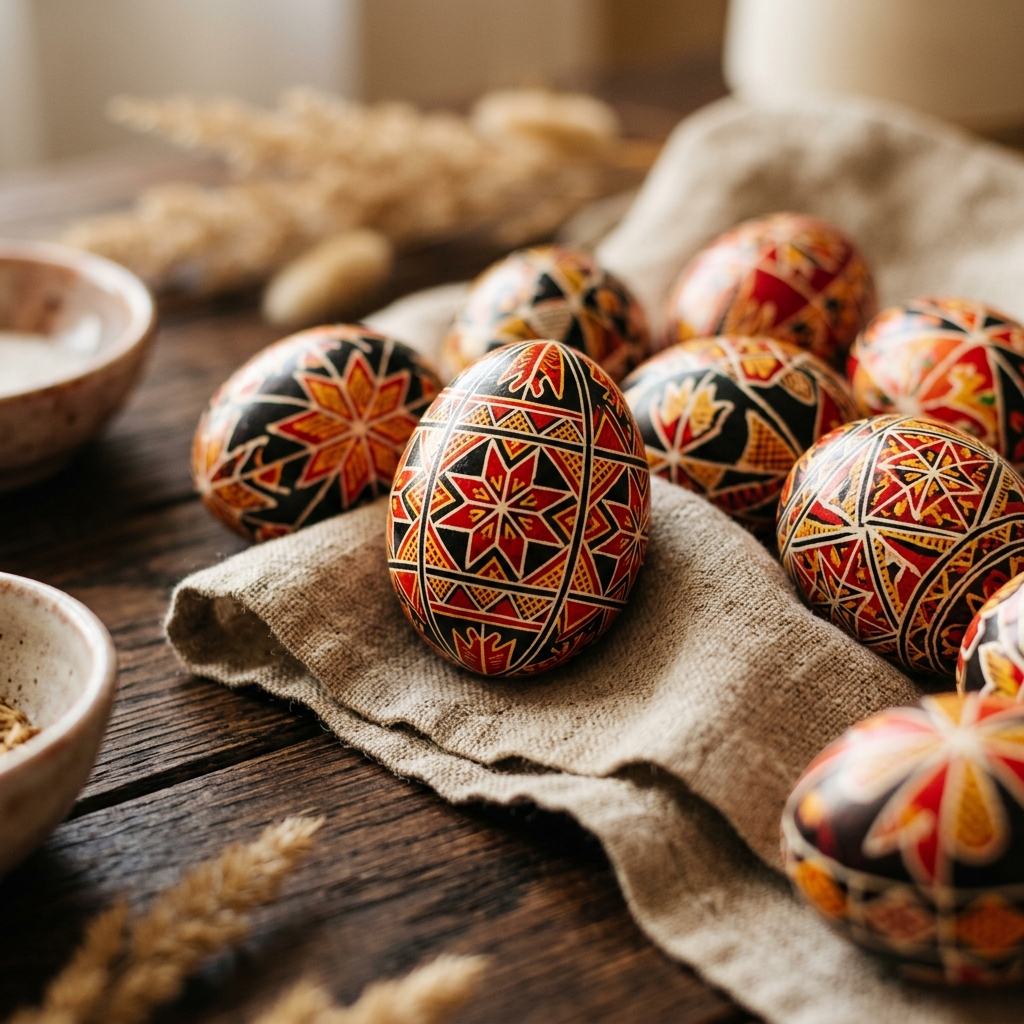 Traditional Ukrainian pysanky decorated Easter eggs with intricate geometric patterns