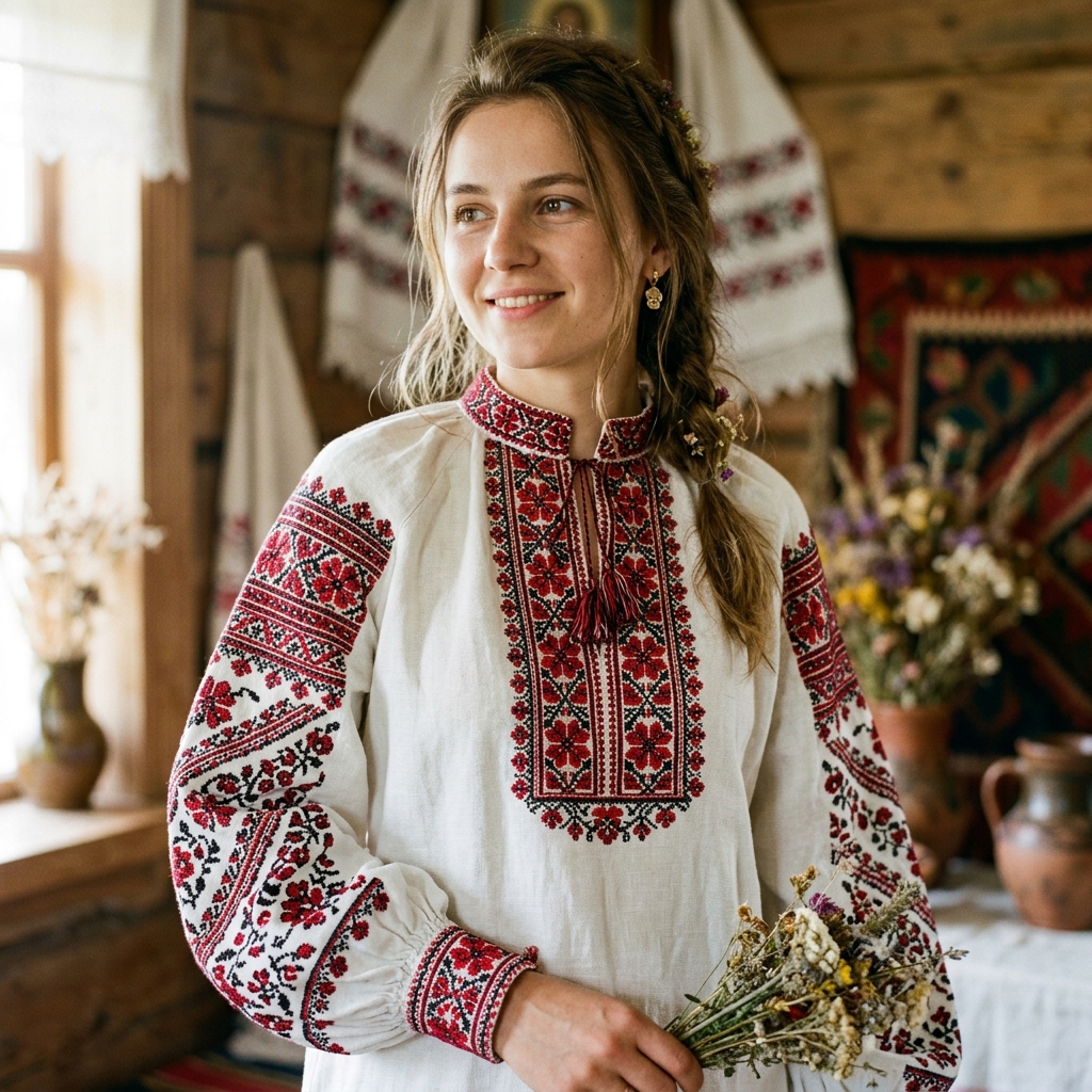 Woman wearing a traditional Ukrainian vyshyvanka with red and black embroidery