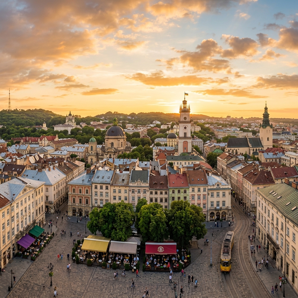 Historic architecture of Lviv, Ukraine at golden hour