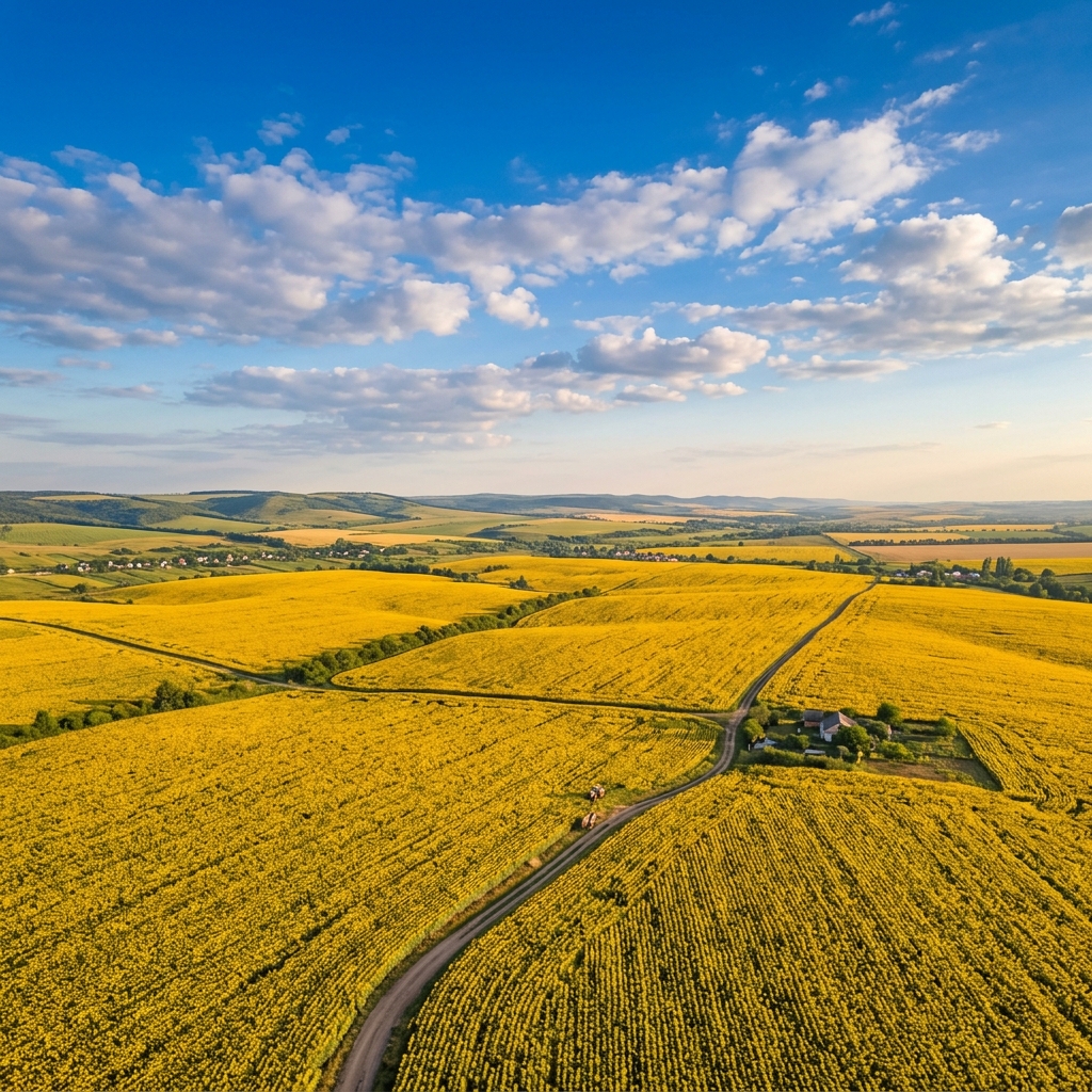 Golden sunflower fields stretching across the Ukrainian countryside